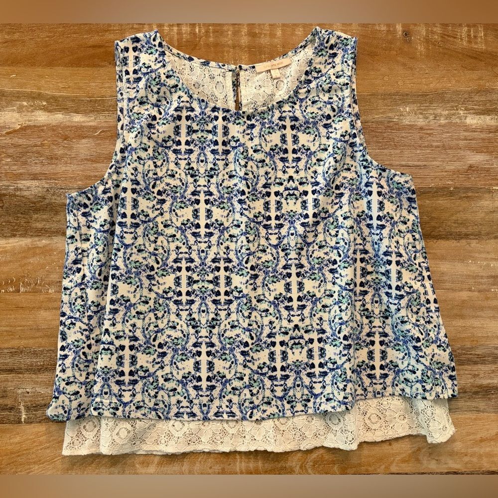 Skies Are Blue Sleeveless Top Abstract Lace Underlay Blue White Boho Cottagecore